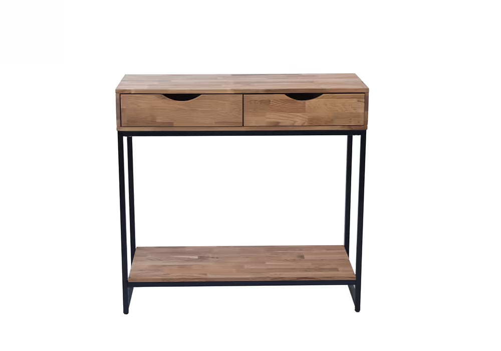Industrial Console Table Solid Oak Black Metal Frame