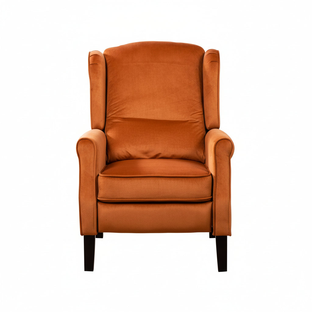 Burnt Orange Velvet Armchair with Reclining Back Function and Black Legs