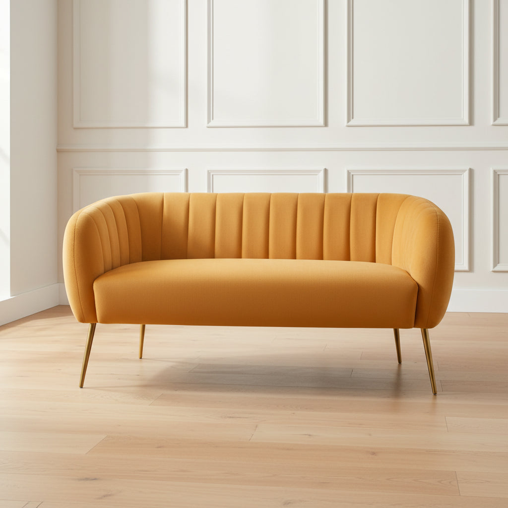 yellow sofa with golden legs and channel tufted upholstery